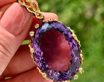 80 Ct Luxury Very Large Purple Amethyst Topaz Pendant Gold Plated 925 Sterling Silver