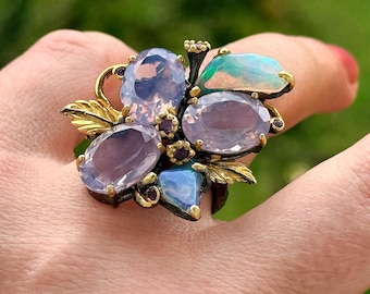 Exquisite Huge Ring, Lavender Quartz, Ethiopian Opal, Amethyst, Sterling Silver, Black Rhodium