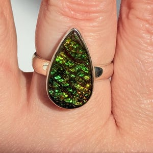 Size 9, Green  Ammolite, Sterling Silver, Ring, Canadian Ammolite Ring