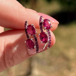 Dainty 0.67" Myanmar Ruby Earrings, 925 Sterling Silver, White Gold Plate