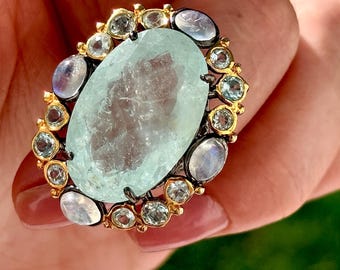 Huge 38 Ct Aquamarine Moonstone Topaz Cocktail Halo Ring Black Rhodium 925 Sterling Silver, Size 7.5