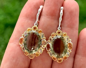 Fancy Green Amethyst Gemstone Halo Dangle Earrings, 14K White Gold Plated Sterling Silver