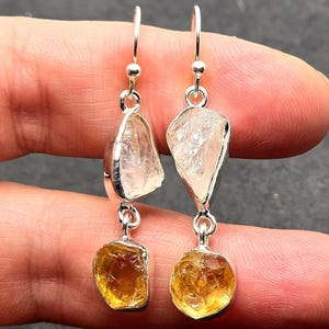 Rough Rose Quartz,  Rough  Citrine, In Sterling  Silver, Drop Earrings