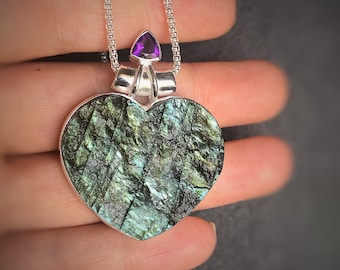 Labradorite Amethyst Heart Pendant: 925 Sterling Silver Necklace