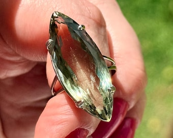 Marquise Green Amethyst Ring, Size 8, 925 Sterling Silver, Prasiolite