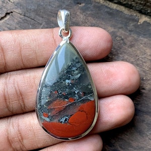 African Bloodstone Pendant, 925 Sterling Silver, Natural Gemstone, 13g, Statement Jewelry