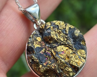 Chalcopyrite, Peacock Ore,  Pendant, Sterling Silver, Necklace, Round, Circle