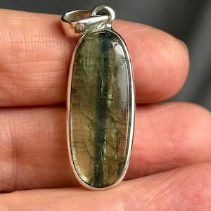 Sterling Silver Kyanite Pendant: Green Blue Gemstone Slice