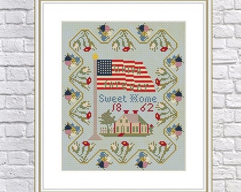 Antique 1862 American Flag Patriotic Sampler Reproduction Cross Stitch Counted Chart PDF Instant Download Unique RARE Vintage Old