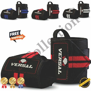 May include: Black wrist wraps with red stripes and the word "VERSAL" in white lettering. The wrist wraps are shown in multiple colors, including blue, red, and white.