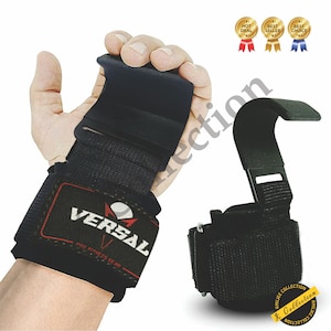 May include: Black weightlifting straps with a hook and loop closure. The straps have a black and red logo that says "VERSAL PRO FITNESS GEAR".