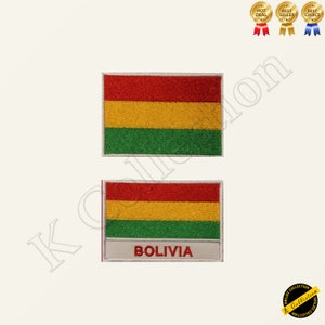 May include: Two embroidered patches featuring the Bolivian flag. The top patch shows the flag with red, yellow, and green stripes. The bottom patch shows the flag with the word "BOLIVIA" below it.