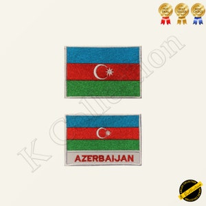 May include: Two embroidered patches featuring the flag of Azerbaijan. The top patch shows the flag with a white border. The bottom patch shows the flag with the word "AZERBAIJAN" written in white below the flag.