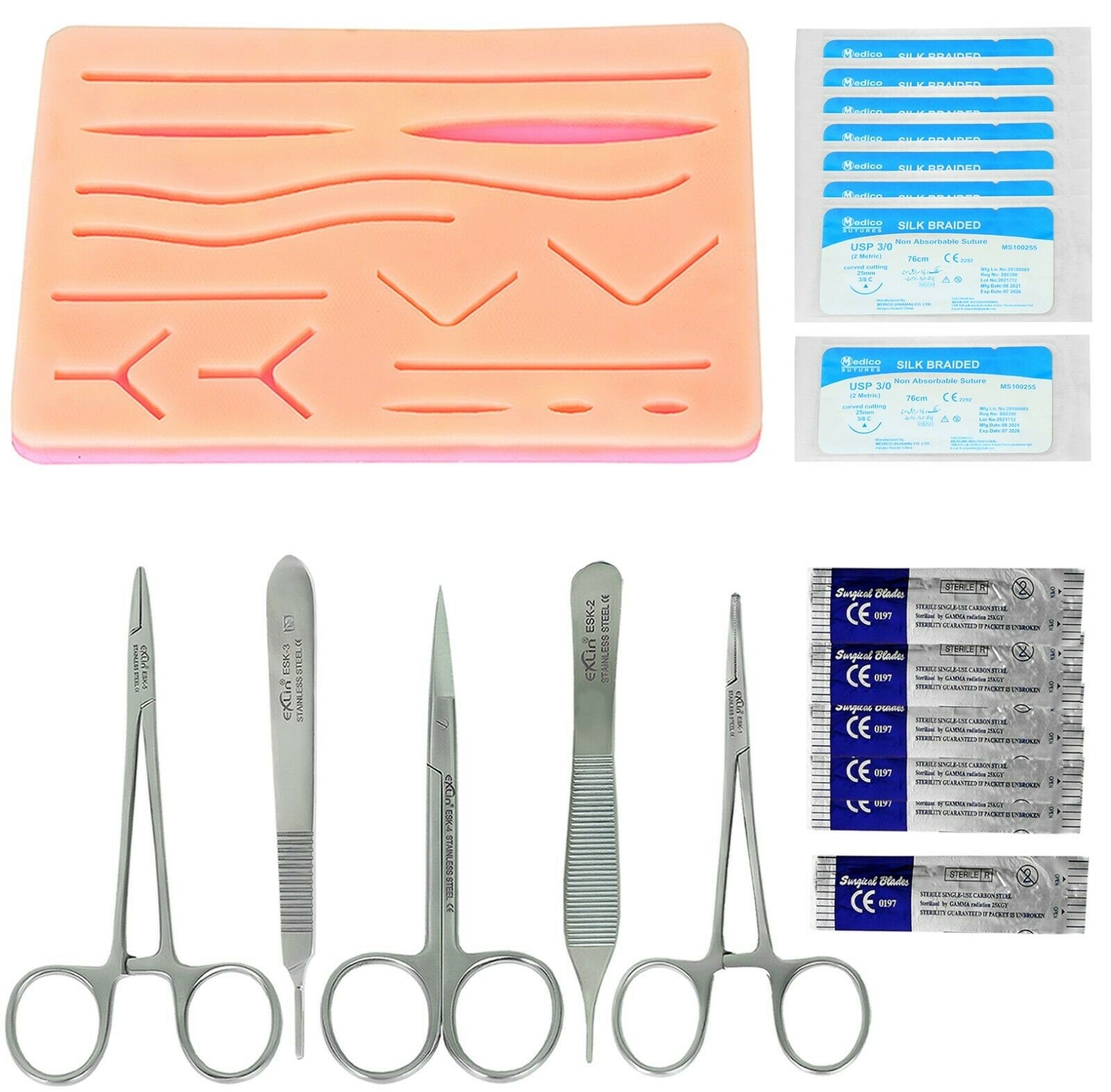 Kit complet de pratique de la suture avec coussinet cutané pour étudiants  en médecine
