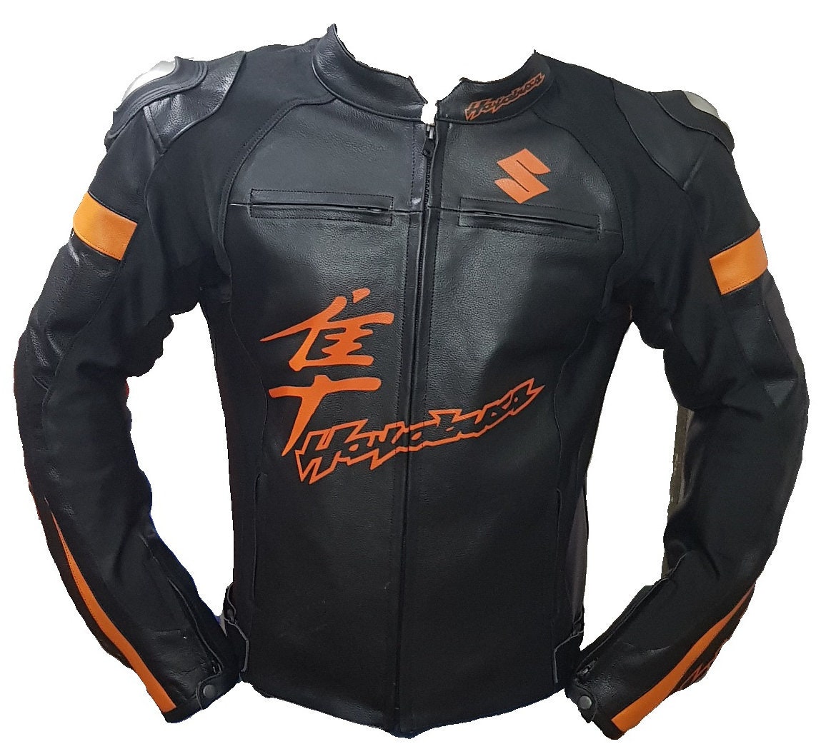 Image of Suzuki Hayabussa Motorbike/Motorcycle Cowhide Leather Jacket With Ce Approved Protections Inside