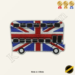 May include: Embroidered patch of a red double-decker bus with the Union Jack flag design. The bus is 6cm by 10cm.