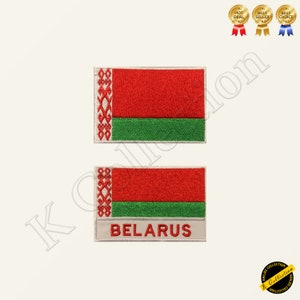 May include: Two embroidered patches featuring the flag of Belarus. The top patch shows the flag with a white border. The bottom patch shows the flag with the word "BELARUS" written below it.