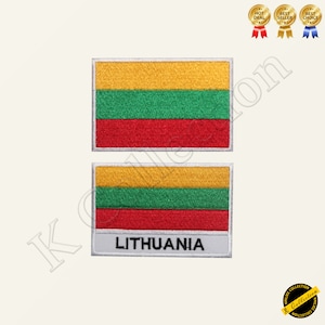 May include: Two embroidered patches featuring the Lithuanian flag. The top patch shows the flag with yellow, green, and red stripes. The bottom patch shows the flag with the same colors and the word "Lithuania" written below.