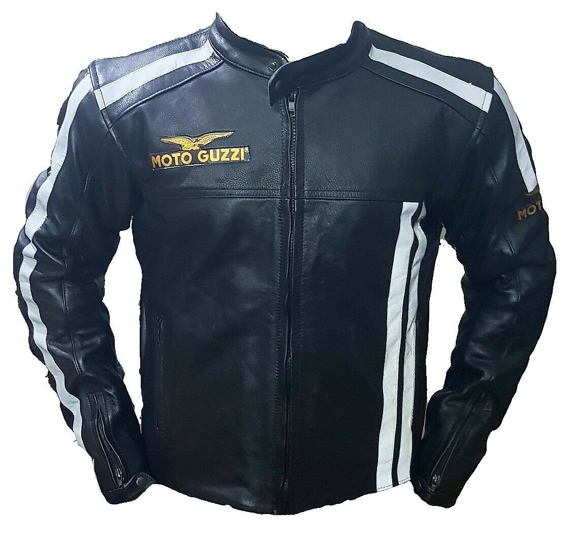Image of Moto Guzzi Motorbike/Motorcycle Cowhide Leather Jacket With Ce Approved Protections Inside