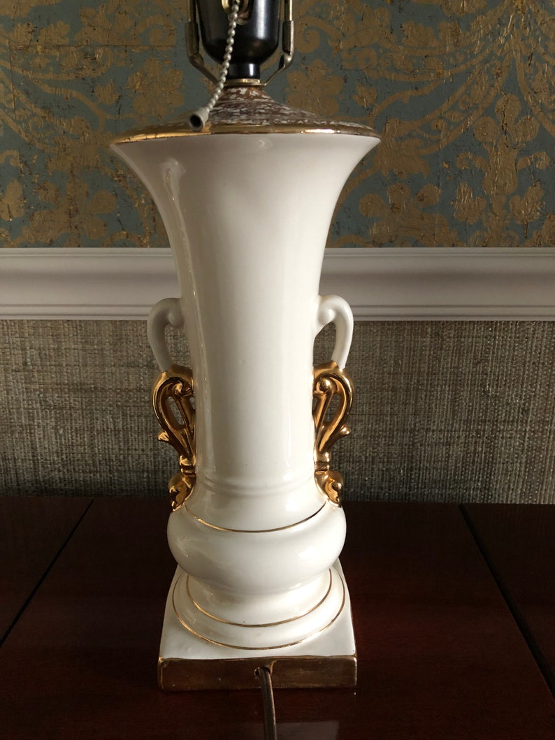 Massive Antique Brass Stacked Bubbles Table Lamp on a Square Weighted Base w a Double Arm Light Cluster /& Sculptured Linen Lamp Shade