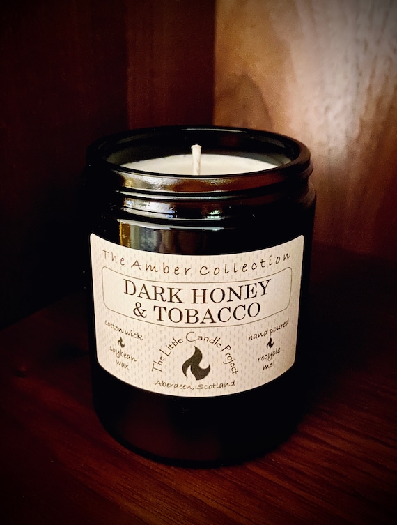 DARK HONEY & TOBACCO - Amber Jar 100% Soy Wax Candle - Made in Scotland