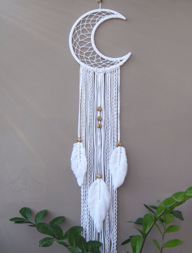 Moon dreamcatcher with feathers Crescent Moon macrame wall Etsy