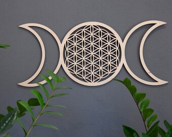 Triple Moon wall decor, Flower of Life Wall Decoration, Moon phases Wiccan wall hanging, Flower of life 3 moon, Boho wall decor