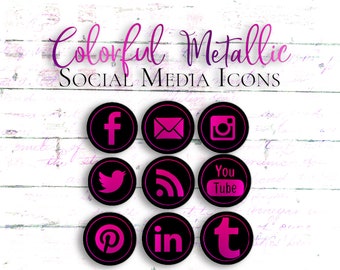 Social Media Icons, Colorful Icons, Social Icons, Bright Icons, Blog Icons, Pink Icons, Metallic Icons, Social Media, Custom Social Icons
