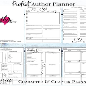 Op de afbeelding: Een witte Perfect Author Planner met secties voor karakter- en hoofdstukplanning. De planner bevat secties voor notities, karakteroverzichten en verhaalpremisse. De omslag bevat de tekst "Author Productivity".