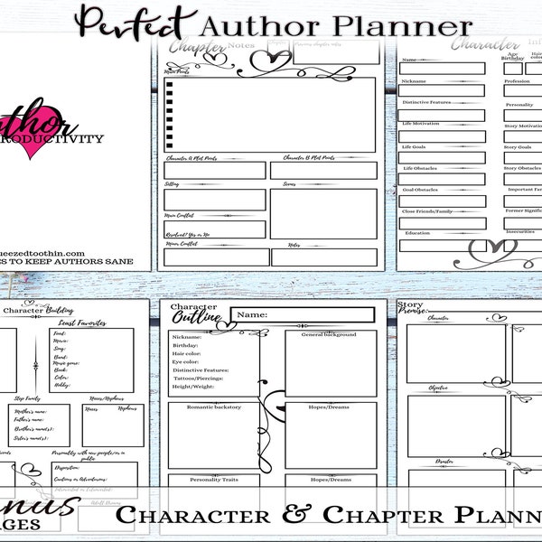 BONUS Pages! Character and Chapter Planning Printables, Perfect Author Printables, Project Planner,  Bullet Journal, Social Media Planner