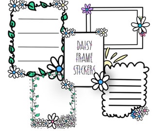 May include: A collection of daisy frame stickers in various shapes and sizes. The stickers feature white daisies with blue centers, green leaves, and the text "DAISY FRAME STICKERS". Some frames have lines for writing.