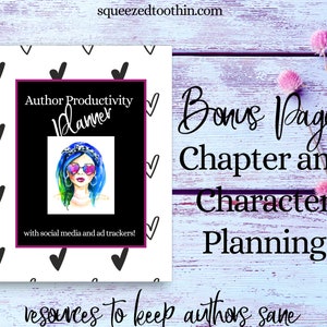 May include: A black and white planner with a heart pattern and the text "Author Productivity Planner" with social media and ad trackers! The planner is on a light blue wooden background with pink flowers.
