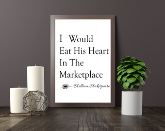 Shakespeare afdrukbare muurkunst, Beatrice citaat, ik zou zijn hart op de markt eten, veel ophef over niets citaat, afdrukbare muurkunst