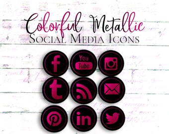 Social Media Icons, Colorful Icons, Social Icons, Bright Icons, Blog Icons, Pink Icons, Metallic Icons, Social Media, Custom Social Icons