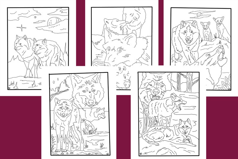 Coloring Pages 5 Pack Wolves Etsy