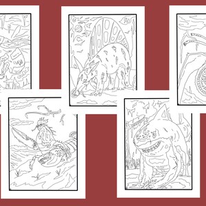 May include: Five black and white line drawings of fantastical creatures. The first creature is a flying, multi-legged, insect-like creature with a large mouth. The second creature is a four-legged, pig-like creature with a long snout. The third creature is a spider-like creature with a large, circular, segmented body. The fourth creature is a lobster-like creature with a large claw. The fifth creature is a shark-like creature with a large mouth and sharp teeth.