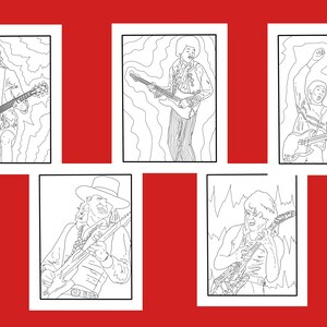 May include: Black and white line art illustrations of five rock and roll musicians playing electric guitars. Each musician is depicted in a different pose and with a unique style.