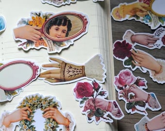 16pcs Vintage beauties hands mirror Decorative Sticker pack, Die Cut Stickers, waterproof cute sticker set,  junk journal stickers set