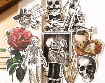 Junk journal Vintage  Sexy Skull Love and death themed sticker washi paper texture Stickers, waterproofing die cut stickers 14pcs/pack