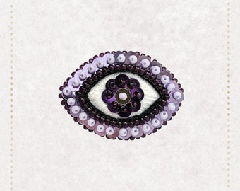 The Fabularium - Hand embroidered purple lilac eye brooch | bead embroidery