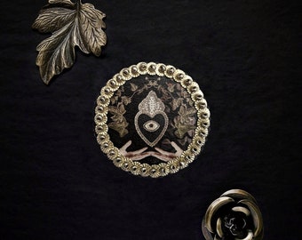 The Fabularium - Ex voto and Plants printed brooch hand-embroidered with pearls and sequins