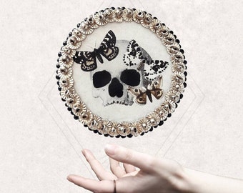 Le Fabularium Hand-embroidered butterfly skull brooch in pearls and sequins | Black Academy | Skull | Bones | Biology Pin