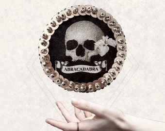 Le Fabularium Embroidered memento mori abracadabra skull brooch | dark academy pin