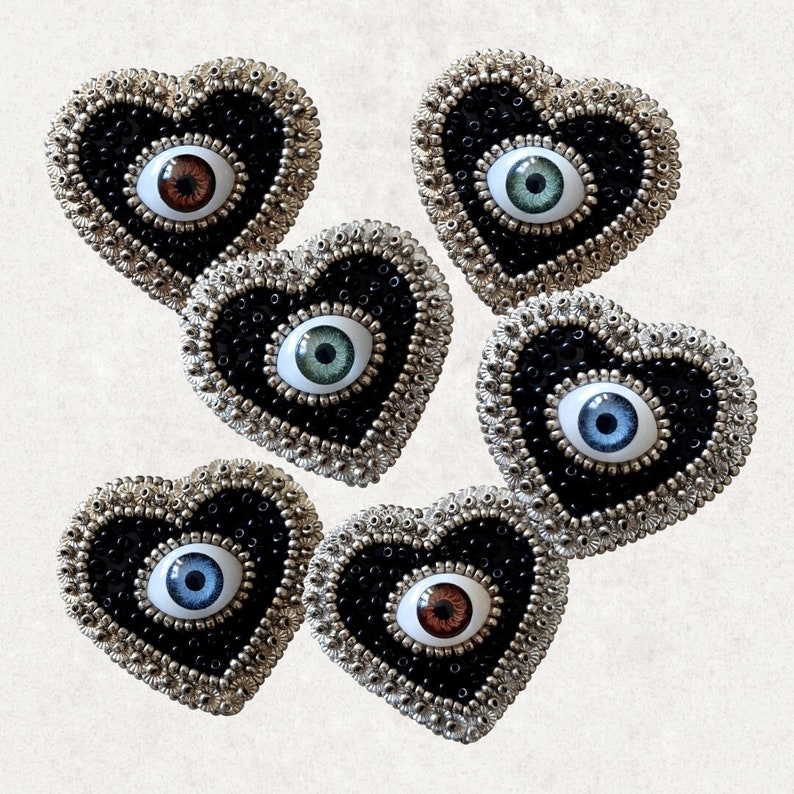 The Fabularium Brooch Heart Eye Sequins Hand Beaded Embroidery Halloween theme pin Cabinet of curiosities Black Academy image 1