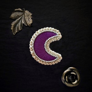 Le Fabularium Hand-embroidered purple and gold sequined witchy moon brooch Witch Pin Dark Academy Esoteric witchcraft image 2