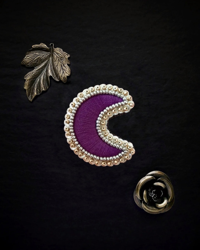 Le Fabularium Hand-embroidered purple and gold sequined witchy moon brooch Witch Pin Dark Academy Esoteric witchcraft Prune