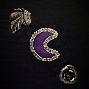 Le Fabularium Hand-embroidered purple and gold sequined witchy moon brooch Witch Pin Dark Academy Esoteric witchcraft Violet