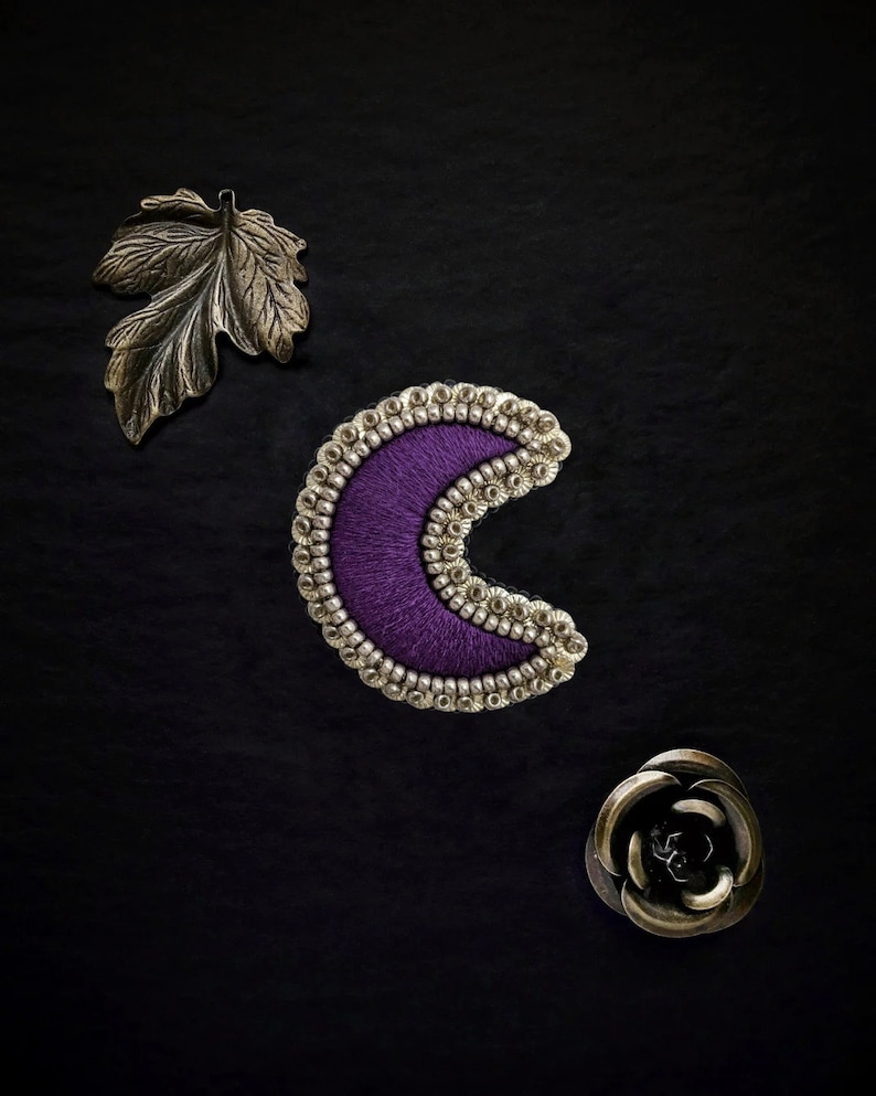 Le Fabularium Hand-embroidered purple and gold sequined witchy moon brooch Witch Pin Dark Academy Esoteric witchcraft Violet