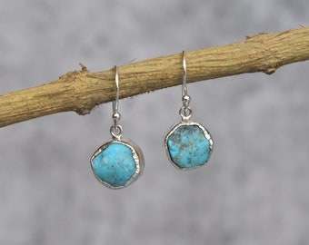 Natural Raw Turquoise Earrings* Raw turquoise gemstone Handmade dangle * Raw Stone 925 Sterling silver small dangle * Unique gift for her,