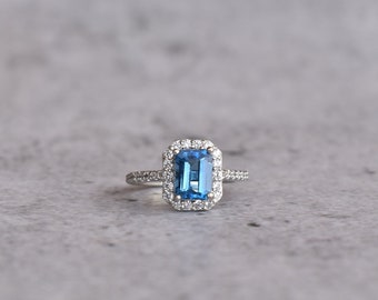 sterling silver london blue topaz Emerald cut halo ring, London blue topaz ring, emerald cut, blue gemstone, wedding ring, sterling silver